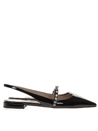 Shop Miu Miu Black Patent Leather Open Toe Pointy Slippers