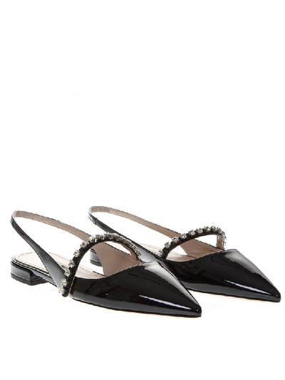 Shop Miu Miu Black Patent Leather Open Toe Pointy Slippers