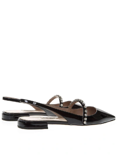 Shop Miu Miu Black Patent Leather Open Toe Pointy Slippers