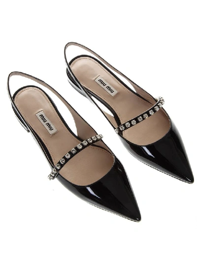 Shop Miu Miu Black Patent Leather Open Toe Pointy Slippers