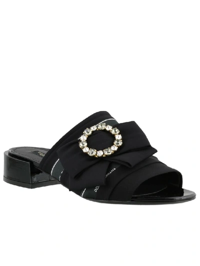 Shop Dolce & Gabbana Charmeuse Slide With Bow And Crystals In Black