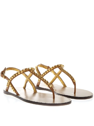 Shop Valentino Camel Color Rickstud Leather Flip Flops Sandals