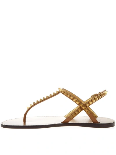 Shop Valentino Camel Color Rickstud Leather Flip Flops Sandals