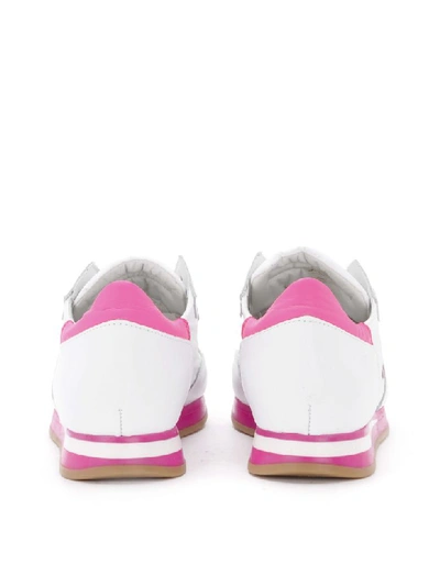 Shop Philippe Model Tropez White Leather And Fluo Fuchsia Fabric Sneaker In Bianco