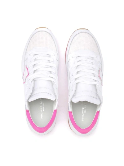 Shop Philippe Model Tropez White Leather And Fluo Fuchsia Fabric Sneaker In Bianco