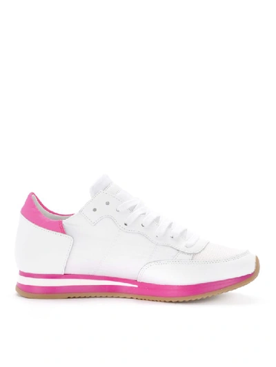 Shop Philippe Model Tropez White Leather And Fluo Fuchsia Fabric Sneaker In Bianco