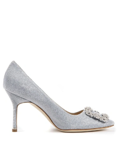 Shop Manolo Blahnik Silver Hangisi Glitter Textile Pumps