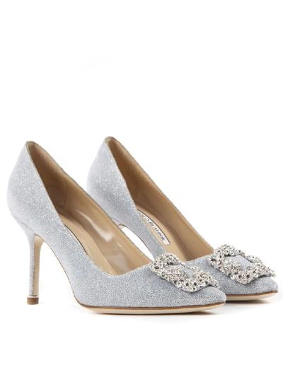 Shop Manolo Blahnik Silver Hangisi Glitter Textile Pumps