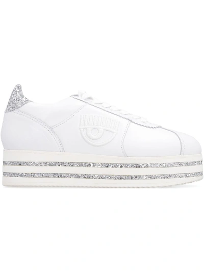 Shop Chiara Ferragni Leather Platform Sneakers In White