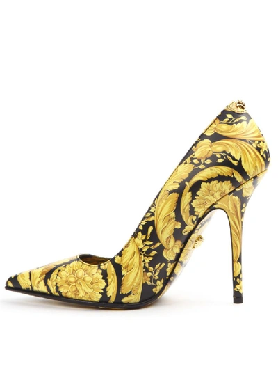 Shop Versace Black & Gold Leather Baroque Pumps In Black/gold