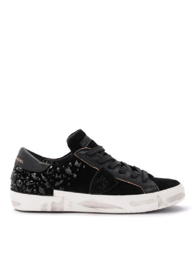 Shop Philippe Model Paris X Sneaker In Black Suede With Heat-sealed Swarovski Stones In Nero