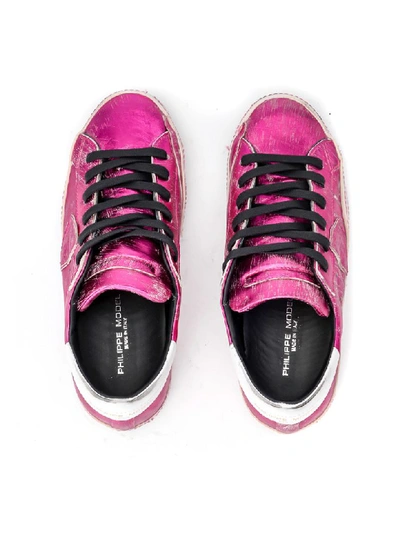 Shop Philippe Model Paris Sneaker In Fuchsia Laminated Leather In Rosa