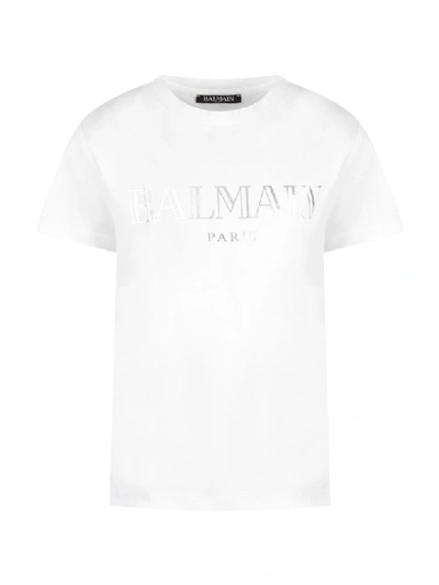 Shop Balmain White T-shirt With Silver Logo For Boy