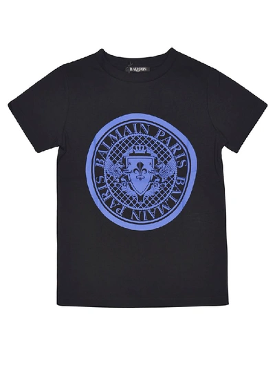 Shop Balmain Round Logo Print T-shirt In Black/azure