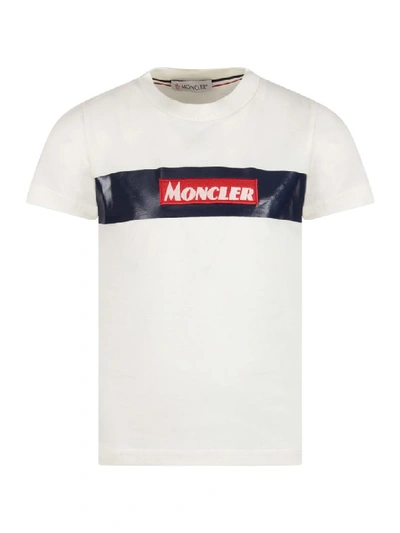 Shop Moncler White Boy T-shirt With Red Patch In Ivory