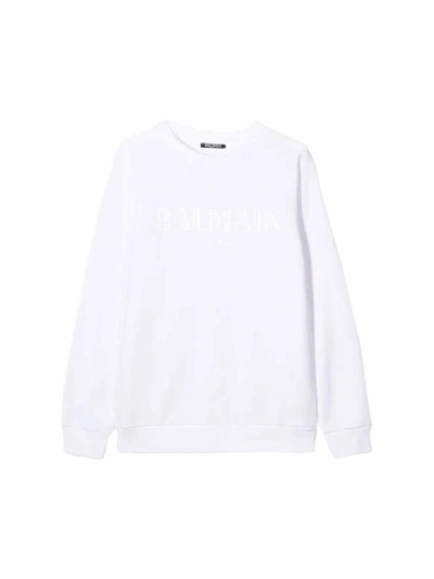 Shop Balmain Hoodless Cotton Sweatshirt In Bianco