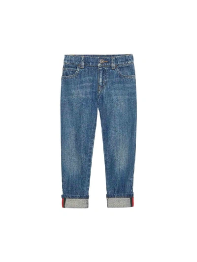 Shop Gucci Light Blue Jeans With Multicolor Details In Denim