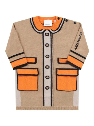 Shop Burberry Beige Babygirl Dress With Black Logo And Intarsia