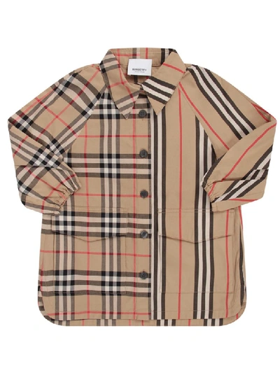 Shop Burberry Biege Babygirl Dress With Iconic Check And Stripe In Beige