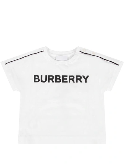 Shop Burberry White Babykids T-shirt With Black Logo