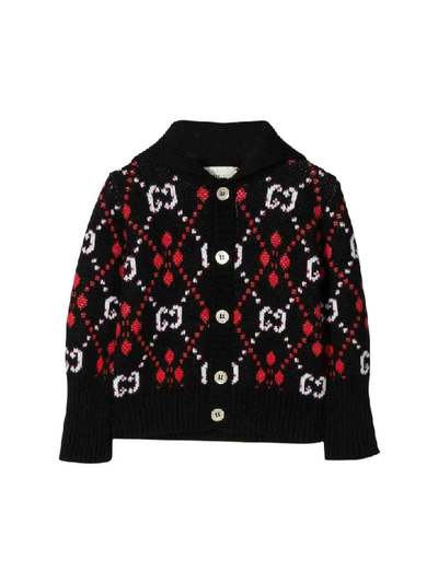 Shop Gucci Black Cardigan With Red Logo Trama