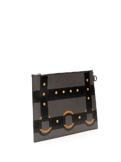 Shop Versace Bondage Print Pouch In Limestone Nero Oro Caldo (grey)