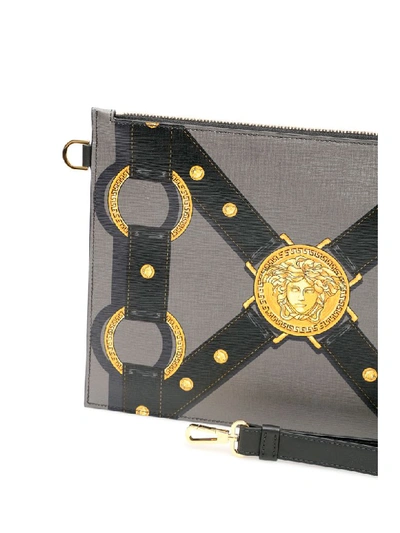 Shop Versace Bondage Print Pouch In Limestone Nero Oro Caldo (grey)