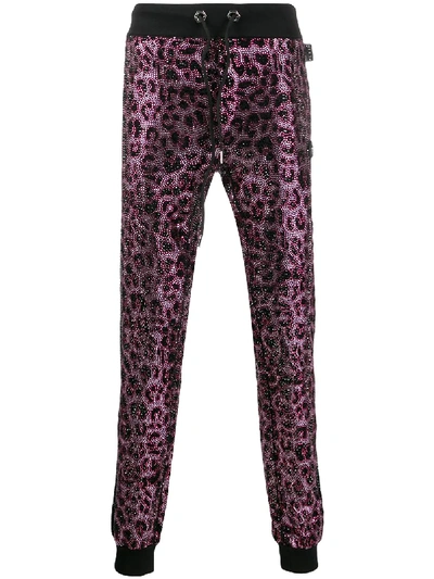 Shop Philipp Plein Pink Paradise Crystal-embellished Leopard Sweatpants In Black