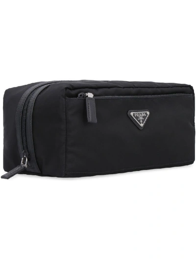Shop Prada Leather Details Nylon Washbag In Black
