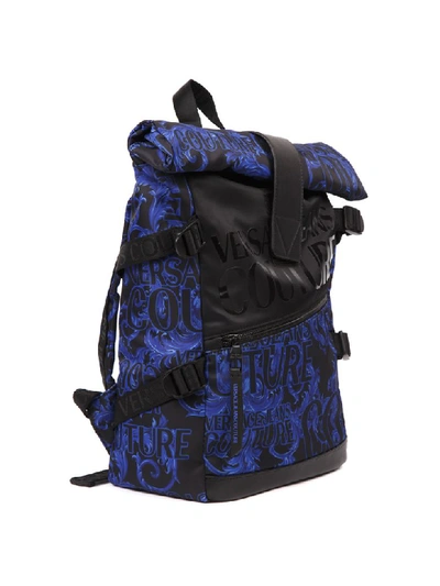 Shop Versace Jeans Couture Blue & Black Nylon Backpack With Logo Print In Blue/black