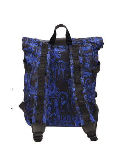 Shop Versace Jeans Couture Blue & Black Nylon Backpack With Logo Print In Blue/black