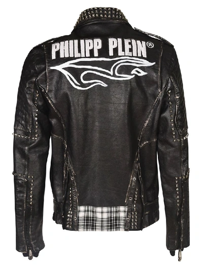 Shop Philipp Plein Inside Checked Print Back Logo Print Biker Jacket In Black