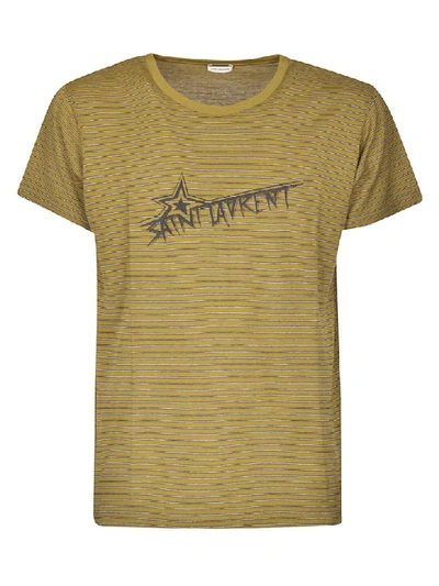 Shop Saint Laurent Striped Logo Print T-shirt In Khaki/black