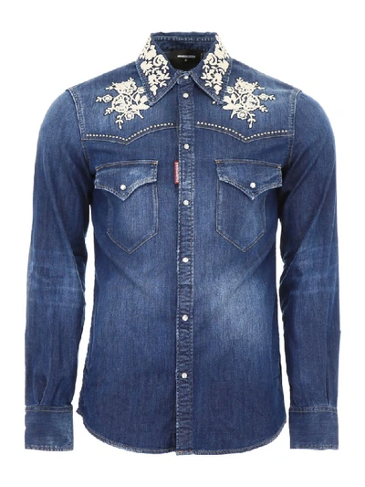 Shop Dsquared2 Denim Shirt With Floral Embroidery In Light Blue (blue)