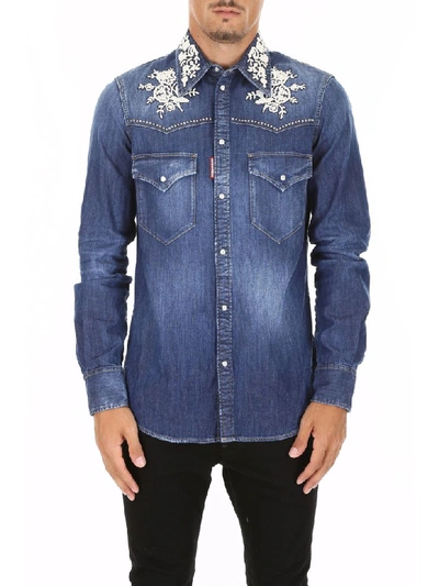 Shop Dsquared2 Denim Shirt With Floral Embroidery In Light Blue (blue)