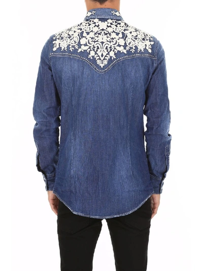 Shop Dsquared2 Denim Shirt With Floral Embroidery In Light Blue (blue)