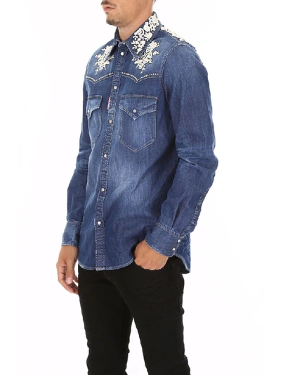 Shop Dsquared2 Denim Shirt With Floral Embroidery In Light Blue (blue)
