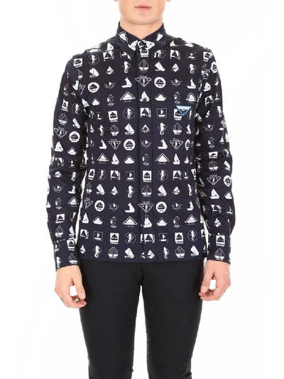 Shop Prada Printed Shirt In Navy (blue)