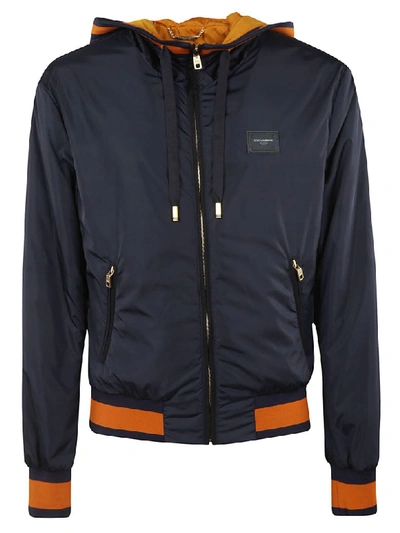 Shop Dolce & Gabbana Logo Plaque Hooded Jacket In Blue/orange