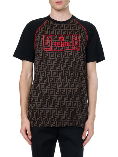 Shop Fendi Brown Cotton T Shirt With Red Logo In Brown/red