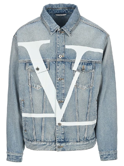 Shop Valentino Vlogo Denim Jacket In Light Washed Blue