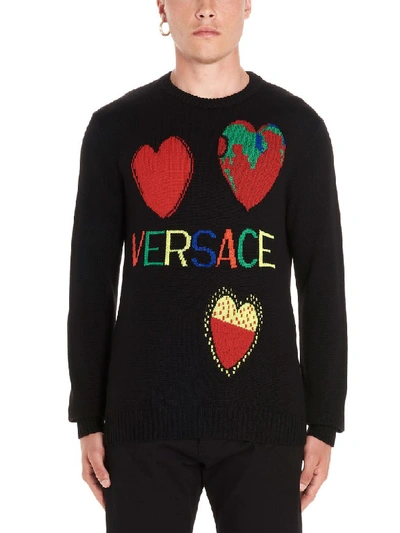 Shop Versace Hearts & Logo Sweater In Black