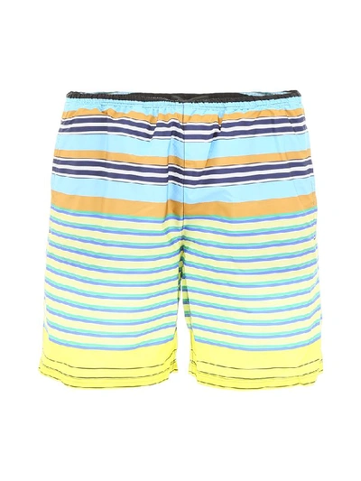 Shop Prada Striped Nylon Swim Shorts In Giallo (light Blue)