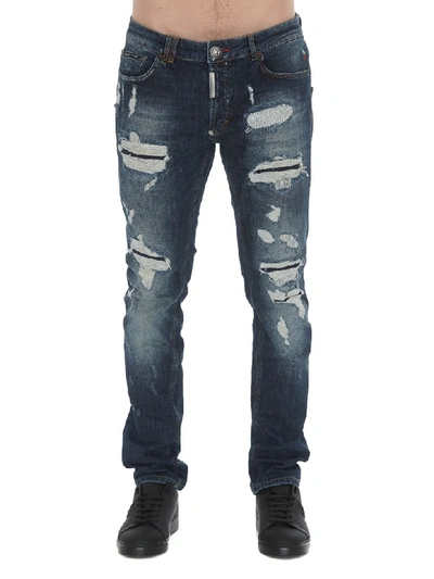 Shop Philipp Plein Super Straight Cut Statement Jeans In Blue