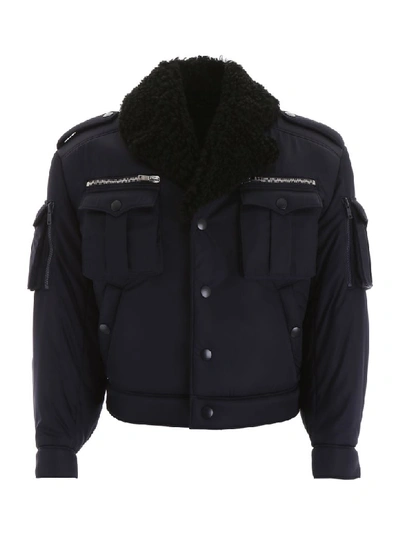 Shop Prada Bomber Jacket With Shearling In Navy (blue)