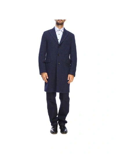 Shop Etro Coat With Micro Jacquard Patterned In Wool In Blue