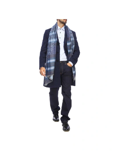 Shop Etro Coat With Micro Jacquard Patterned In Wool In Blue