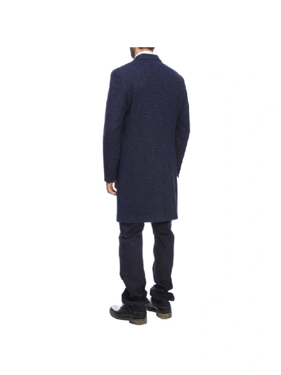 Shop Etro Coat With Micro Jacquard Patterned In Wool In Blue