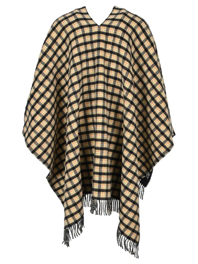 Shop Gucci Reversible Gg Wool Poncho In Blue + Check