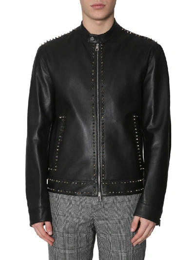 Shop Versace Leather Jacket In Nero